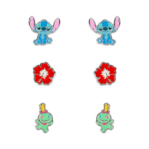 Lot de 3 paires de boucles d'oreilles Disney Stitch en argent